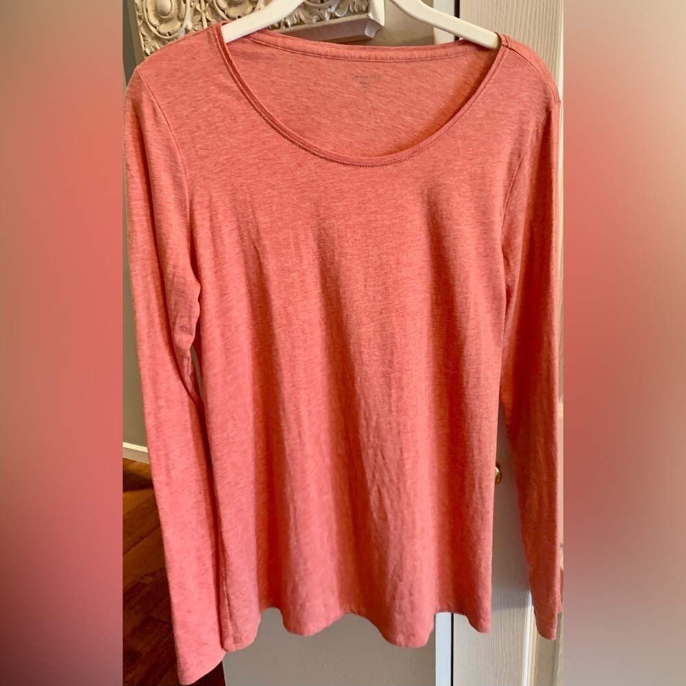 Garnet Hill Coral Fitted Long Sleeve Organic Pima Cotton Blend T-Shirt - SZ S